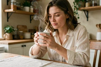 Femme tenant une tasse de thé détox en céramique blanche dans une cuisine naturelle et chaleureuse
