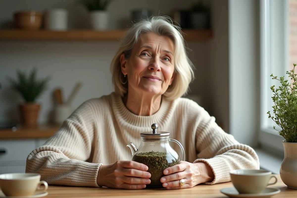 Femme assise avec une tisane de thym dans une cuisine moderne