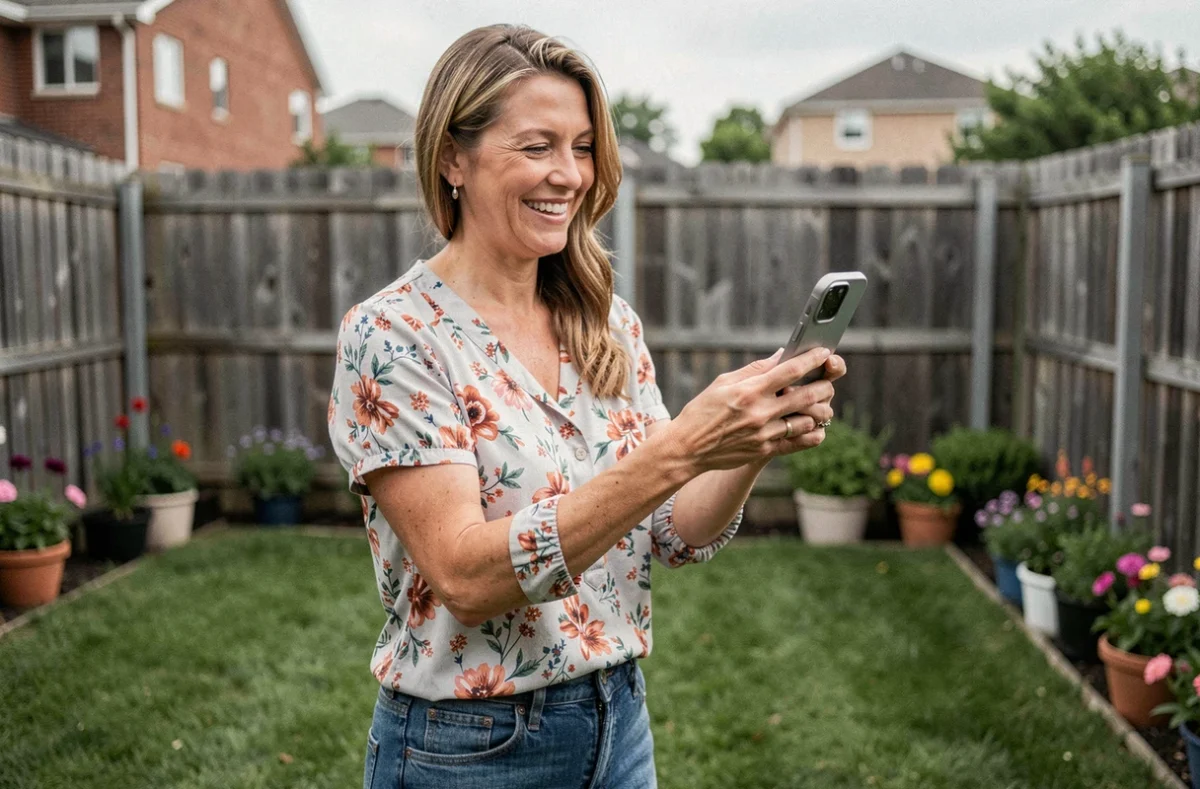 Femme filmant une vidéo pour les réseaux sociaux dans un jardin de banlieue américaine