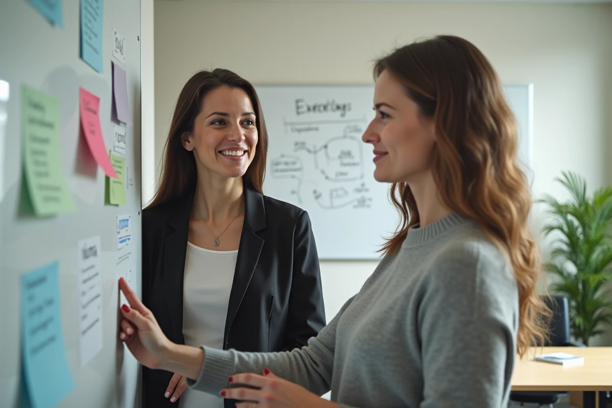 Deux femmes en réunion analysant un tableau mural