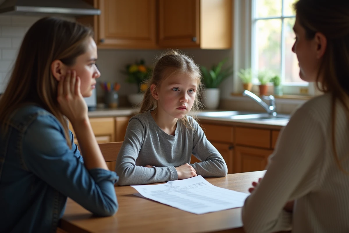 Fille adolescente avec ses parents regardant un rapport m&eacute;dical