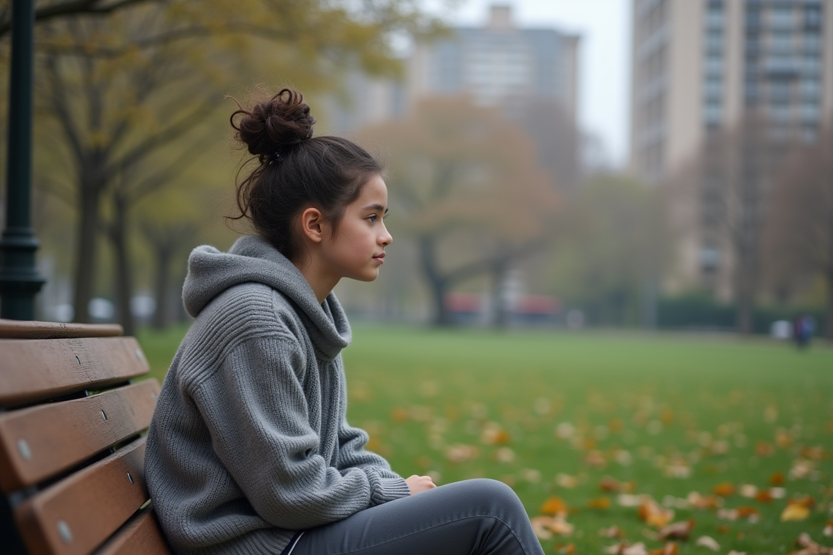 Fille de 17 ans assise seule sur un banc dans un parc