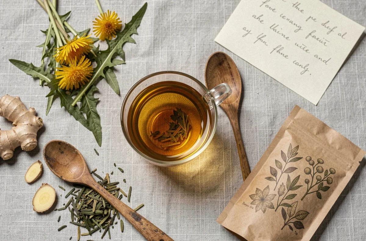 Vue du dessus d'une tasse de thé lulutox avec des herbes séchées et un emballage kraft sur tissu gris