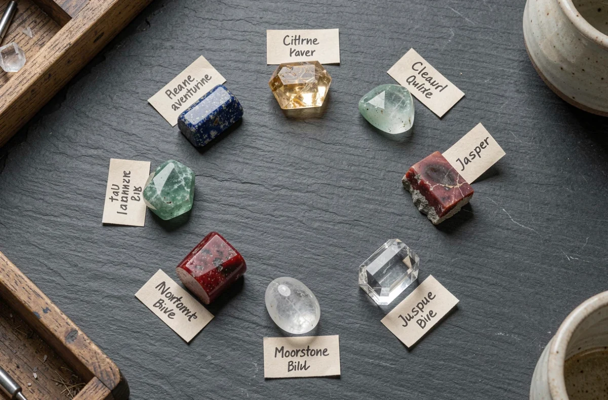 Flat lay de pierres semi-précieuses étiquetées sur ardoise grise, guide de signification et propriétés des cristaux