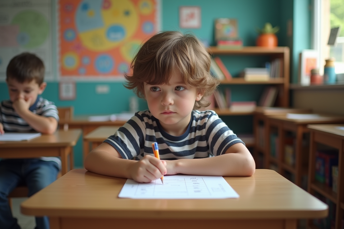 Garçon de 7 ans assis à son bureau en classe