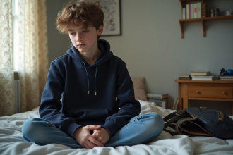 Jeune garçon de 16 ans en pleine réflexion dans sa chambre