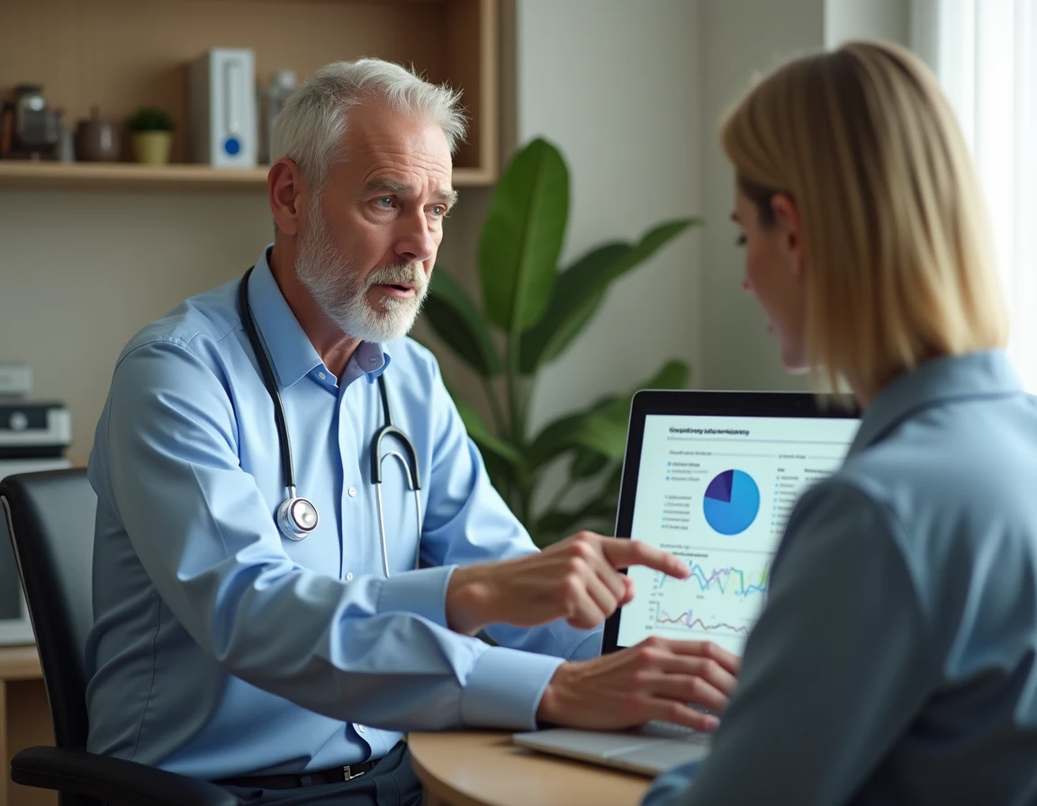 Médecin généraliste expliquant les données épidémiologiques du nouveau variant Covid à un patient dans son cabinet de consultation