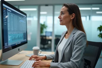 Gestionnaire de service de santé utilisant le portail Medisys sur un ordinateur de bureau pour gérer les tâches administratives