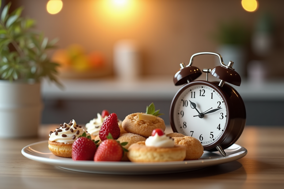 Horloge de 17h avec assiette de desserts dans une cuisine moderne