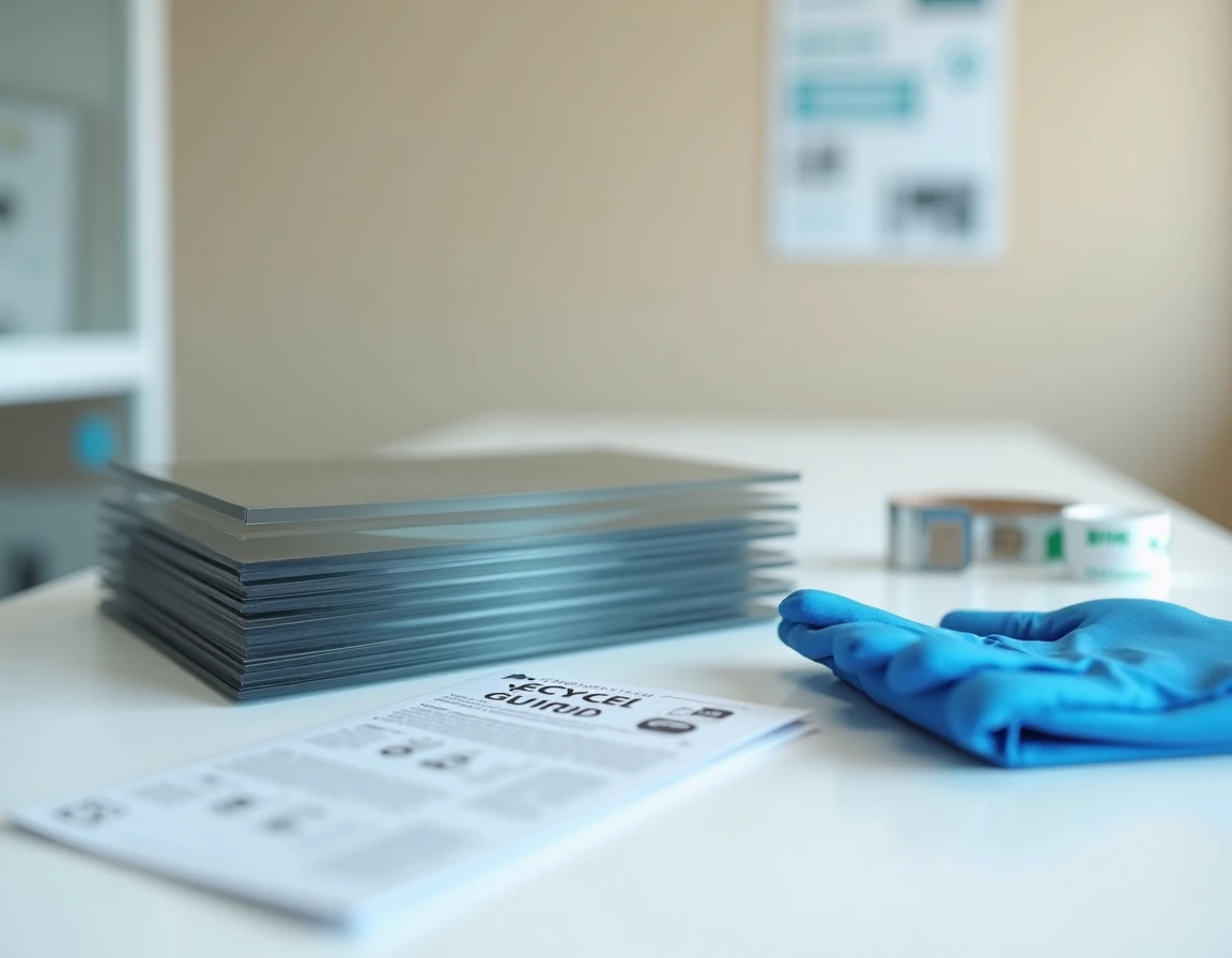 Gros plan sur des films radiographiques empilés avec un guide de recyclage médical et des gants en nitrile sur un bureau blanc