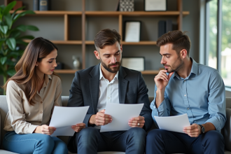 Trois adultes en réunion dans un bureau moderne