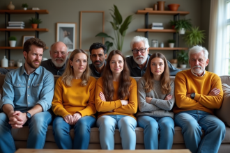 Sept adultes exprimant diverses émotions dans un salon chaleureux