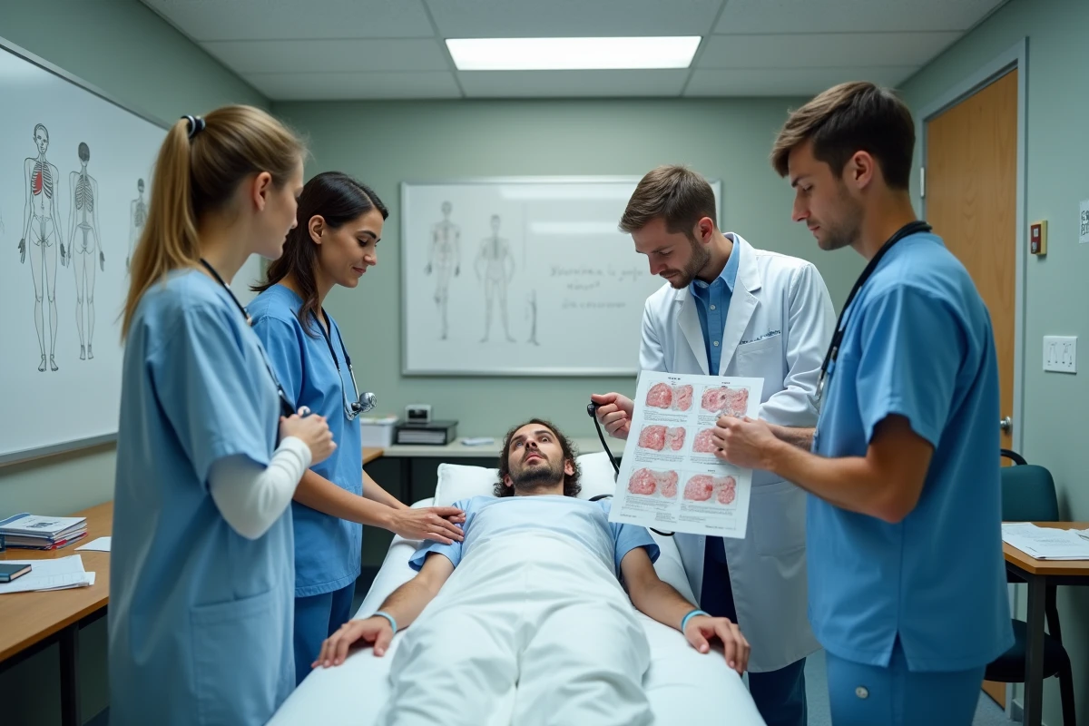 Groupe d'étudiants en médecine pratiquant l'auscultation cardiaque sur un patient standardisé en salle d'enseignement clinique