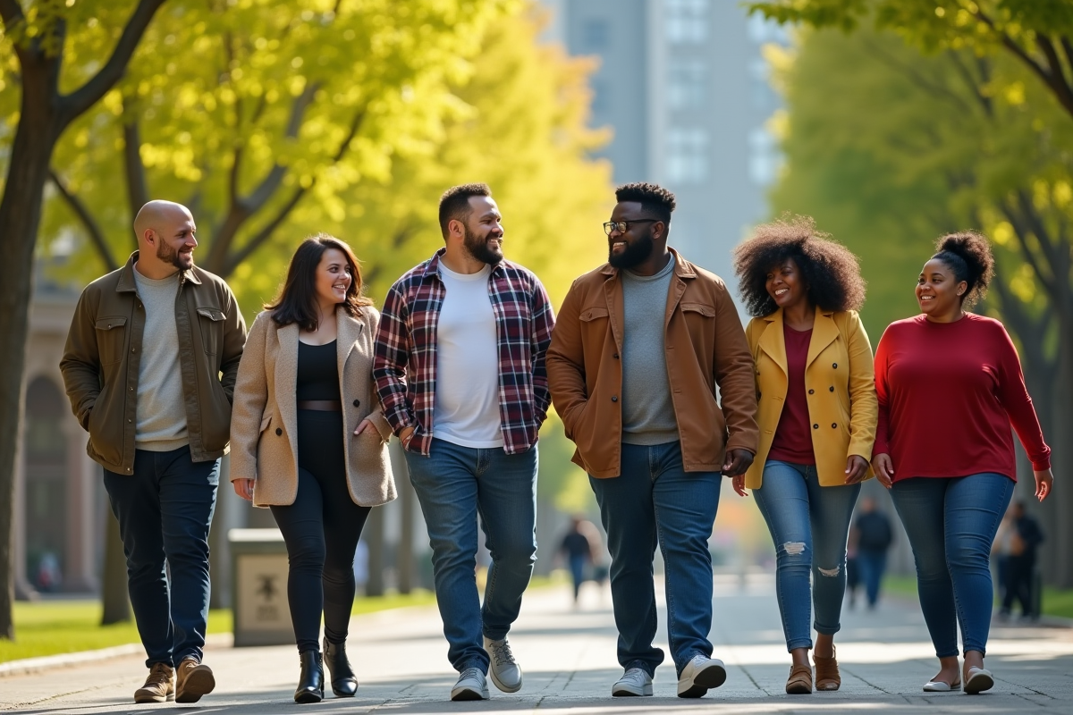 Groupe divers de personnes plussize marchant dans un parc ensoleille