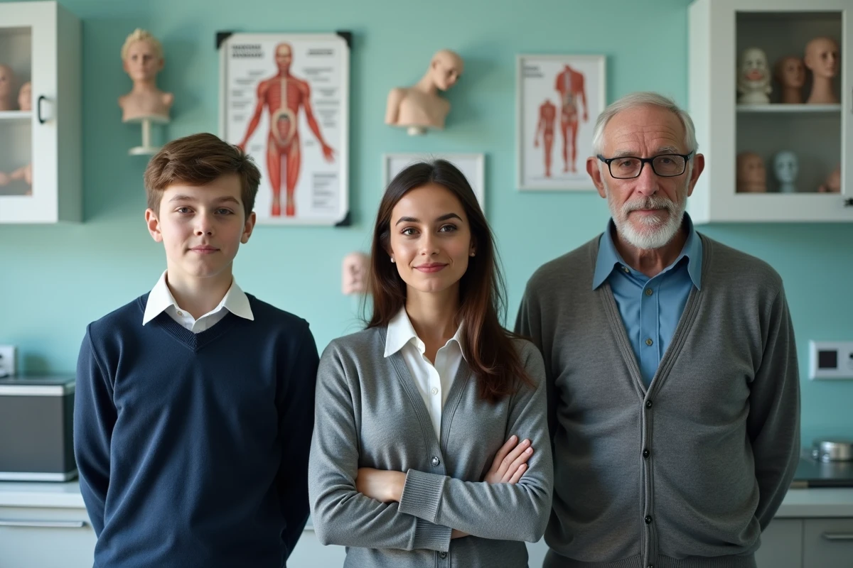 Groupe divers en clinique medicale avec posters anatomiques
