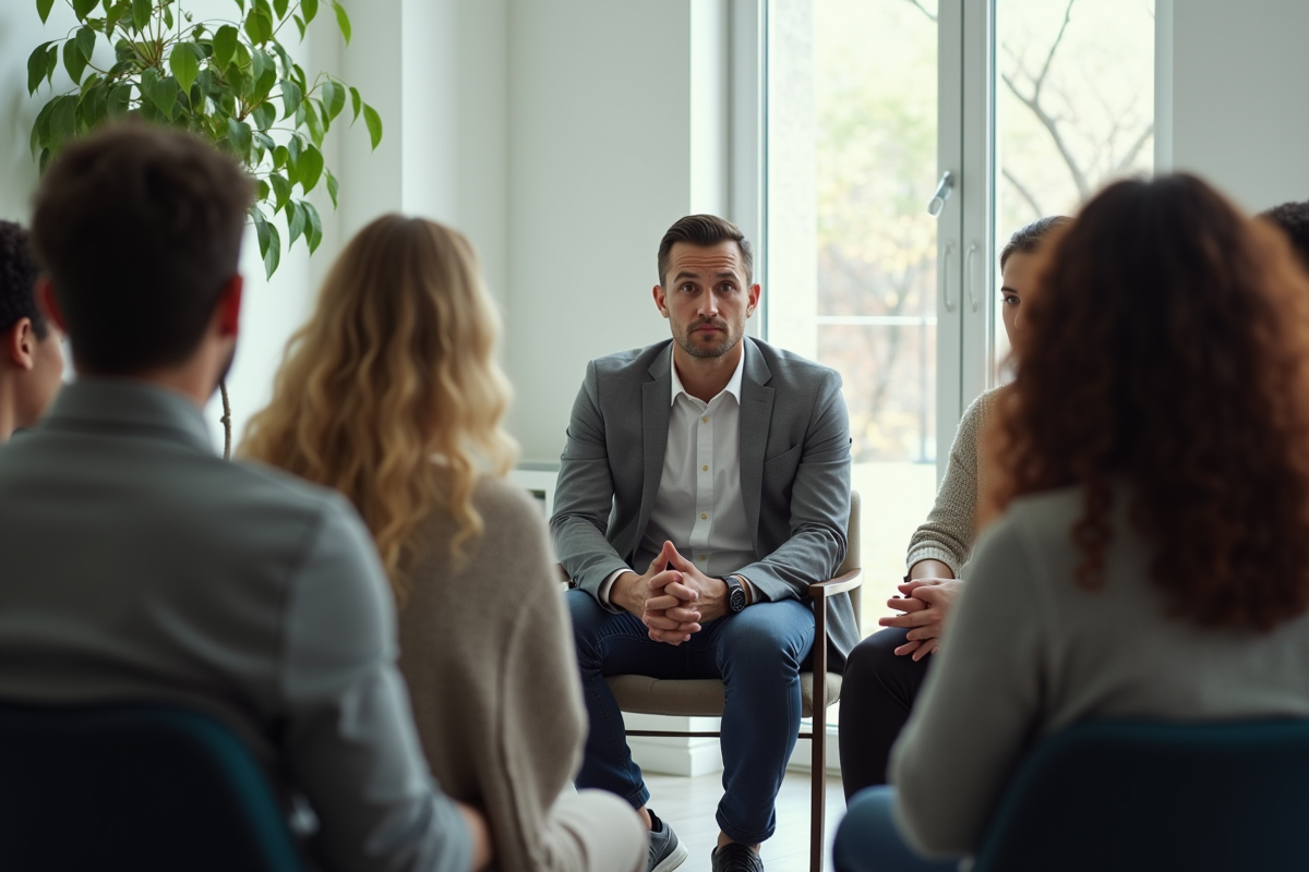Groupe en thérapie avec personne distraite dans une salle lumineuse