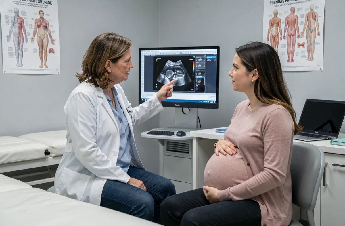 Gynécologue expliquant la date du terme à une patiente enceinte lors d'une consultation médicale