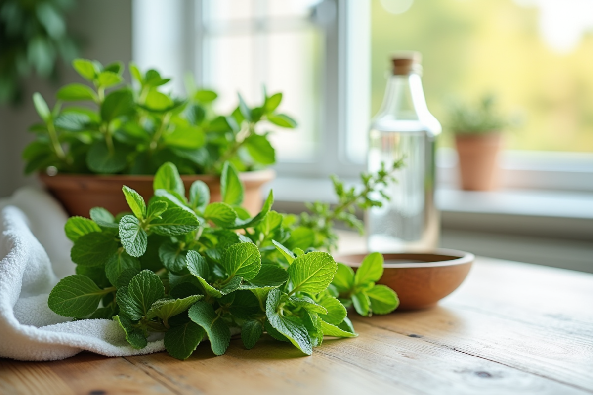 Herbes fraîches eucalyptus menthe thym sur table lumineuse