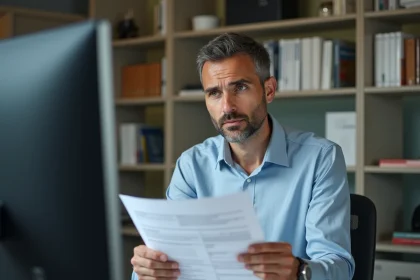 Homme d'affaires en bureau regardant un rapport