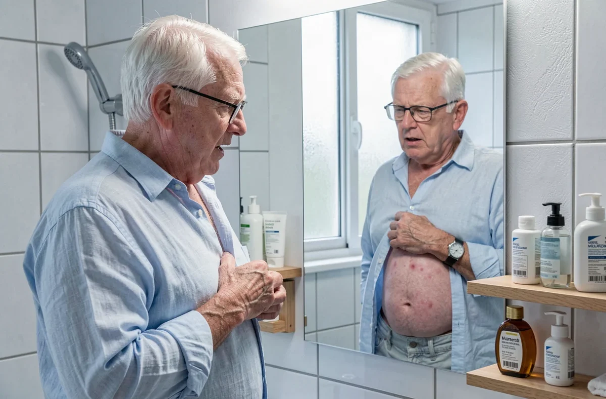 Homme âgé examinant une éruption cutanée sur le torse, symptôme visuel du zona
