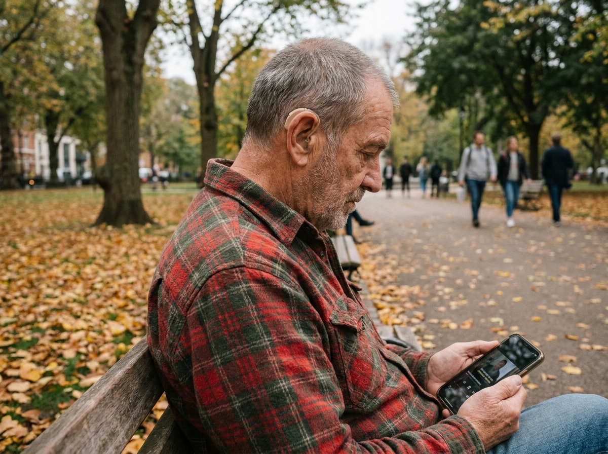 Homme âgé utilisant un smartphone avec sous-titres dans un parc en automne, appareillé pour une perte d'audition
