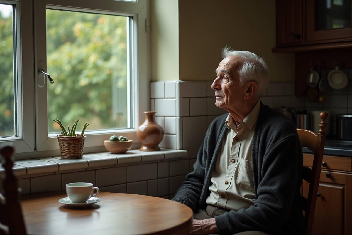 Homme âgé contemplant dans une cuisine chaleureuse