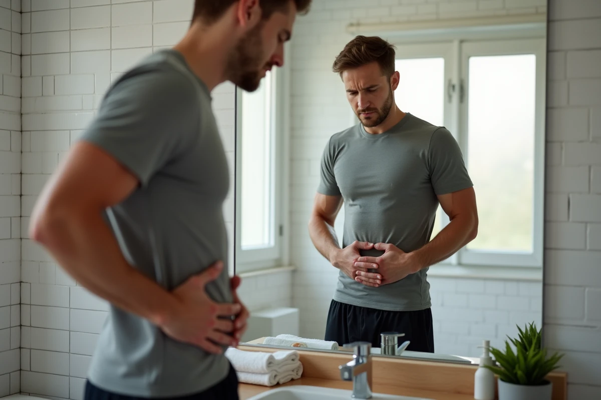 Jeune homme en tenue de sport examinant son abdomen et son aine devant un miroir de salle de bain à domicile