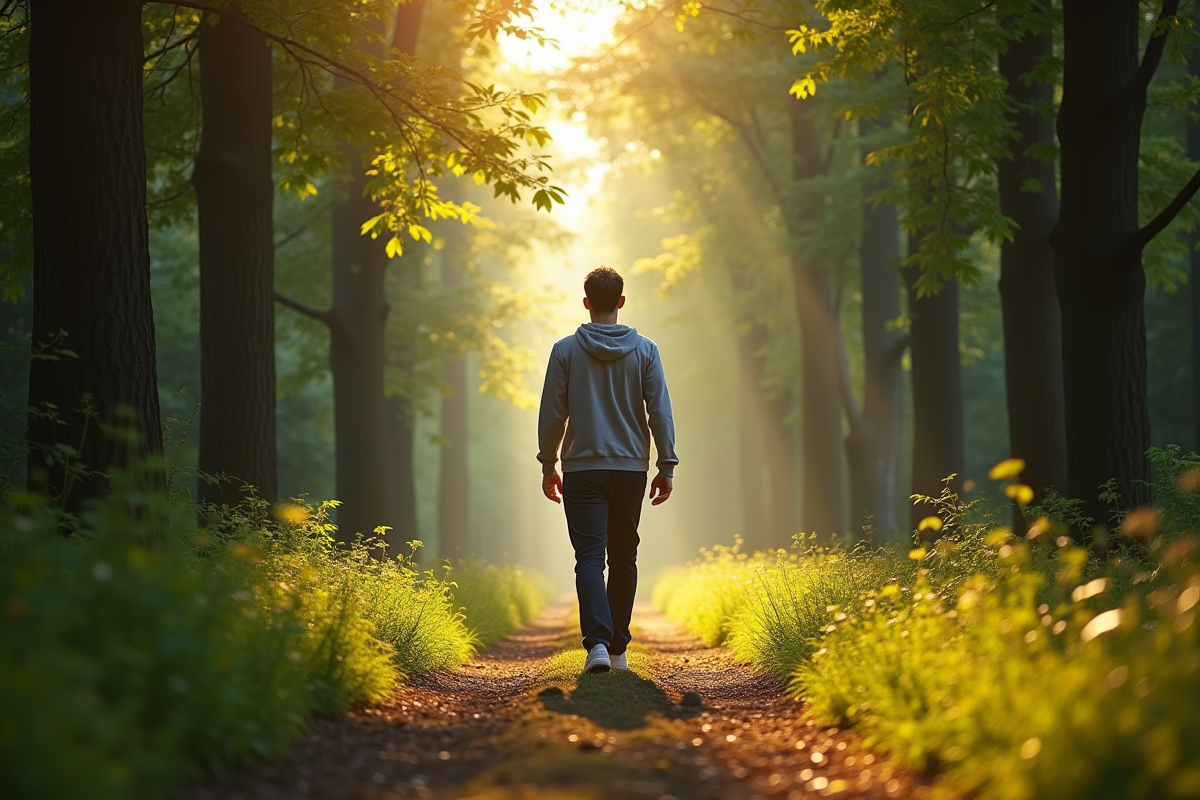Homme respirant profondément en forêt calme