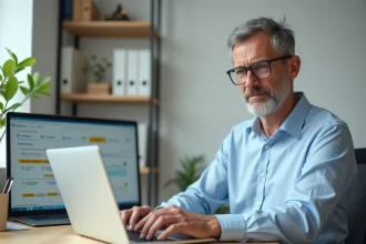 Homme d'âge moyen travaillant sur un ordinateur d'assurance