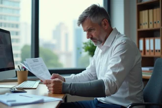 Homme de bureau pensive examinant des documents médicaux