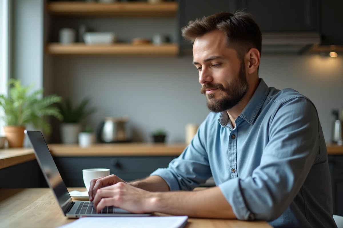 Homme décontracté prenant des notes à la maison sur un ordinateur