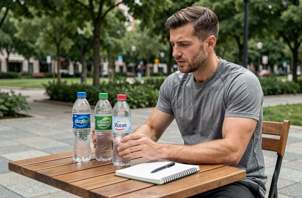 Homme comparant deux bouteilles d'eau minérale en terrasse pour identifier la meilleure eau pour la santé des reins