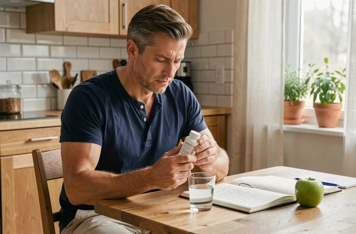 Homme examinant un complément alimentaire minceur à une table de cuisine, avec un carnet de notes et une pomme verte, dans un contexte de gestion du poids