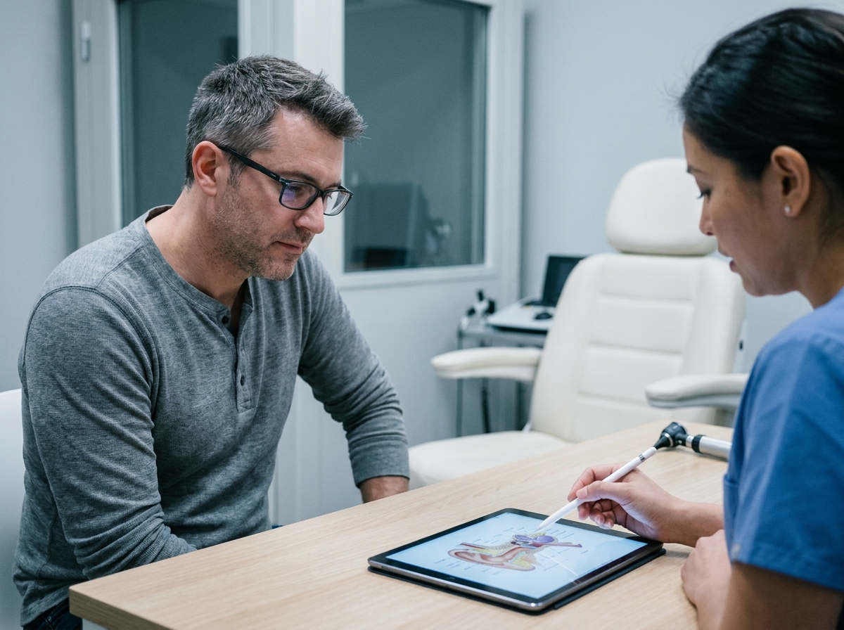 Homme consultant un audiologiste dans un cabinet médical moderne pour une perte auditive, vue en consultation