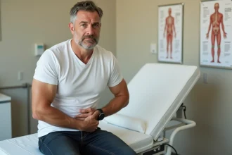 Homme d'âge moyen assis sur une table d'examen médical, la main posée sur l'aine, expression préoccupée lors d'une consultation