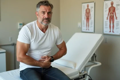 Homme d'âge moyen assis sur une table d'examen médical, la main posée sur l'aine, expression préoccupée lors d'une consultation