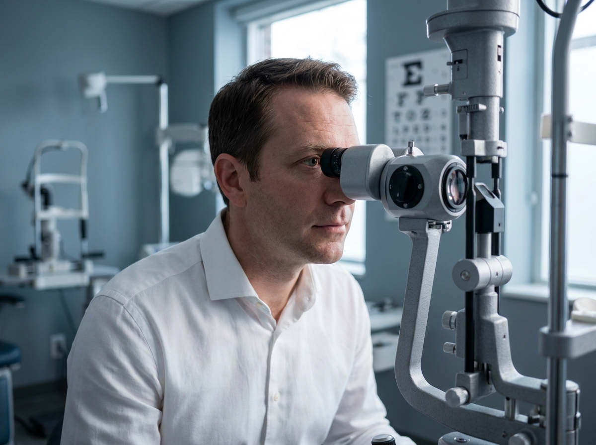 Homme en consultation ophtalmologique devant un biomicroscope à lampe à fente dans une clinique spécialisée en chirurgie réfractive