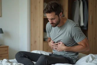 Homme adulte assis sur un lit tenant sa cage thoracique avec une expression de douleur, illustration de côte déplacée après faux mouvement