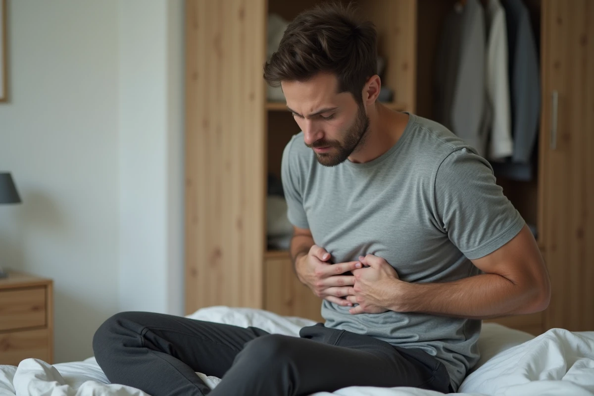 Homme adulte assis sur un lit tenant sa cage thoracique avec une expression de douleur, illustration de côte déplacée après faux mouvement
