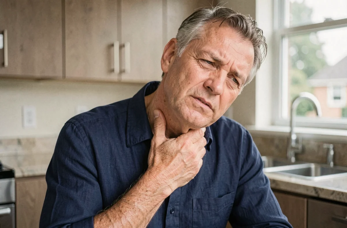 Homme d'âge mûr ressentant une douleur au ganglion côté gauche du cou dans sa cuisine
