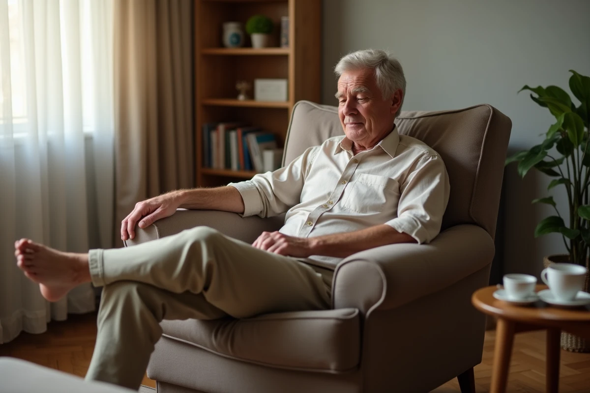 Homme âgé assis chez lui avec une douleur derrière le genou, évaluant ses symptômes articulaires au quotidien
