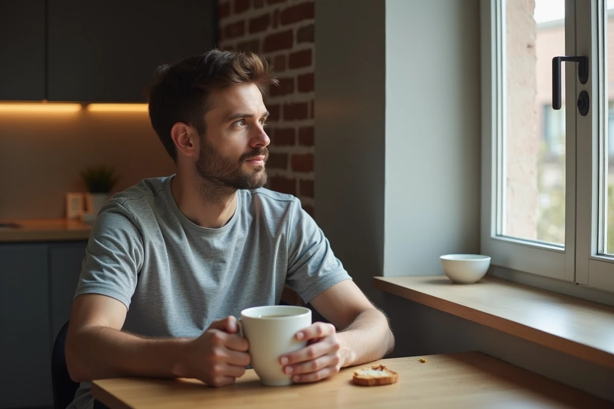 Homme tenant une tasse d'eau de riz chaude le matin dans un appartement urbain cosy