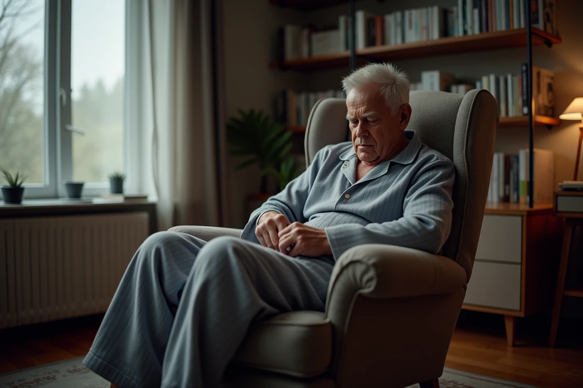 Homme senior en flanelle se massant la jambe dans le salon