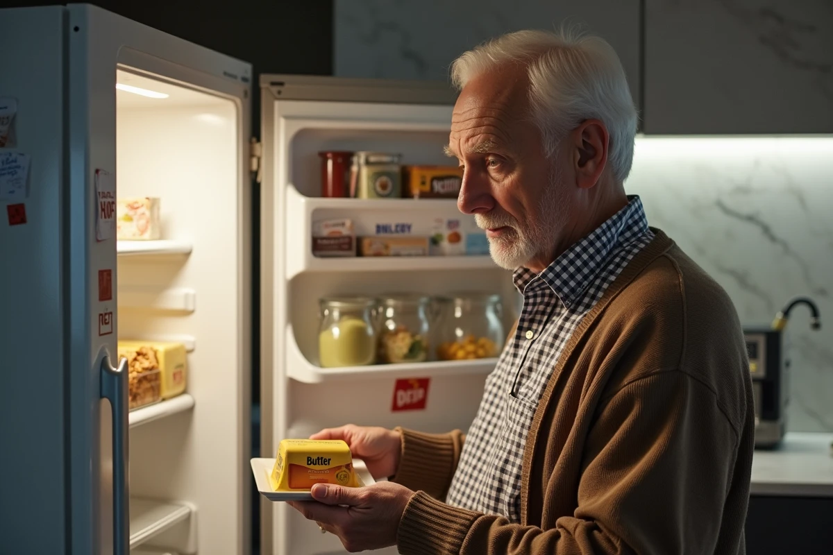 Homme âgé regardant un beurre dans le frigo