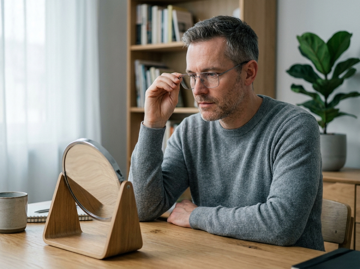 Homme essayant des lunettes rectangulaires devant un miroir dans un bureau à domicile