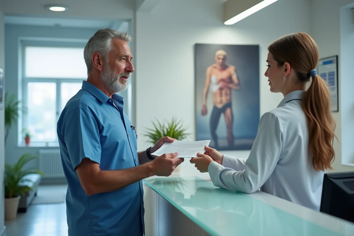 Homme remettant un formulaire à la reception médicale