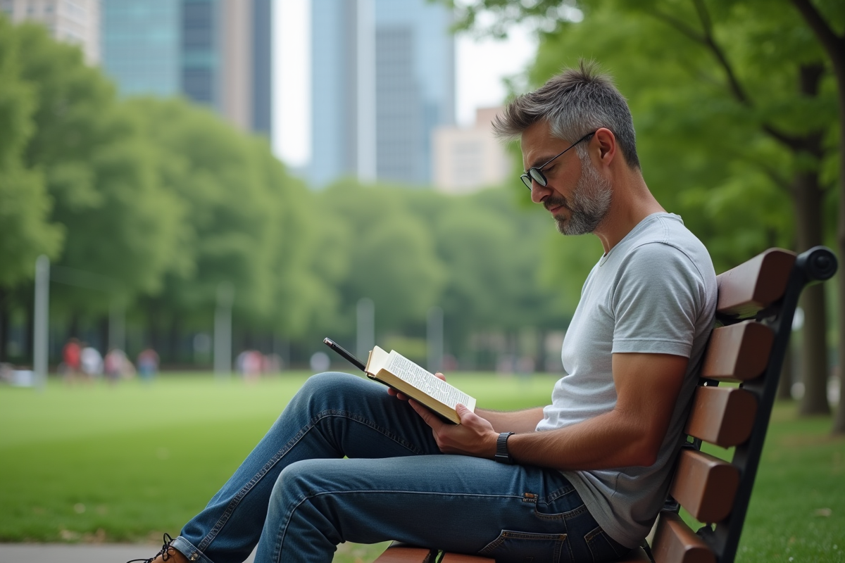 Homme lisant dans un parc en ville avec nature environnante