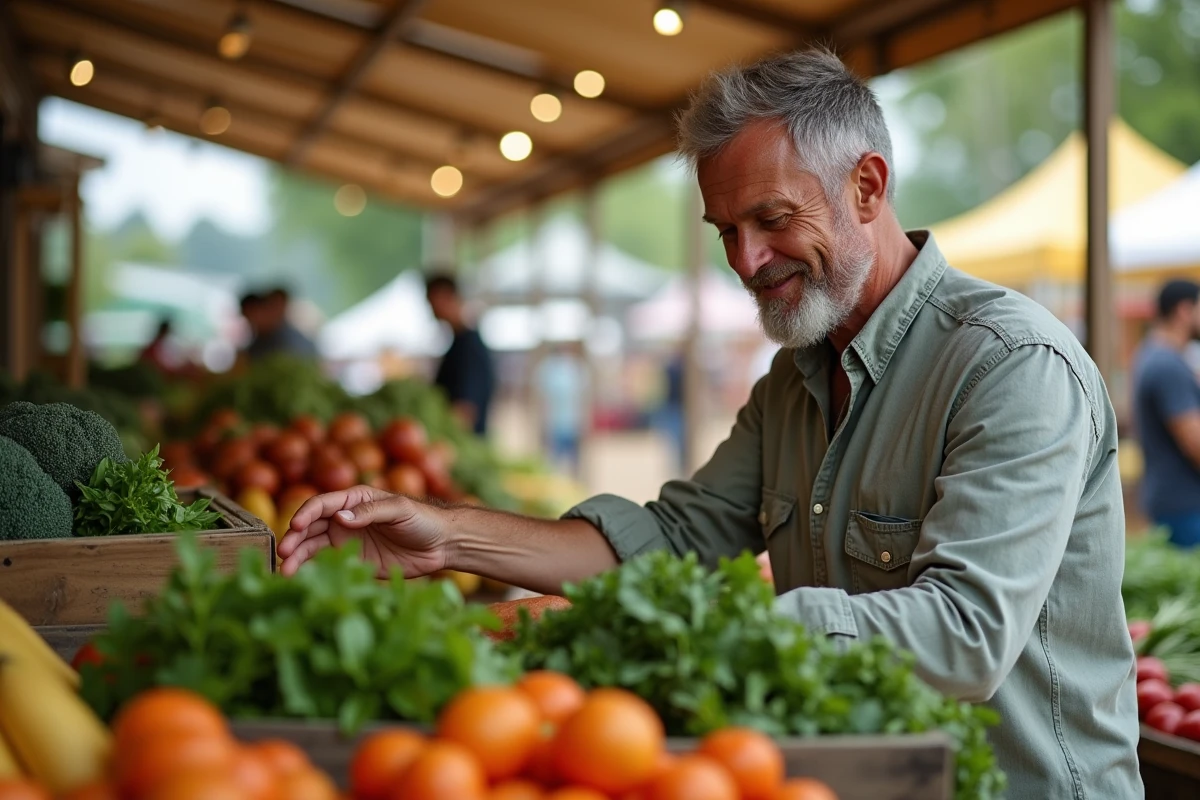 Homme s&eacute;lectionnant des produits frais au march&eacute; en plein air