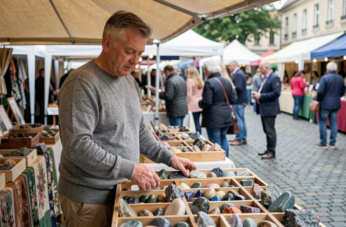 Homme choisissant des pierres et minéraux bruts sur un marché artisanal, sélection et signification des cristaux