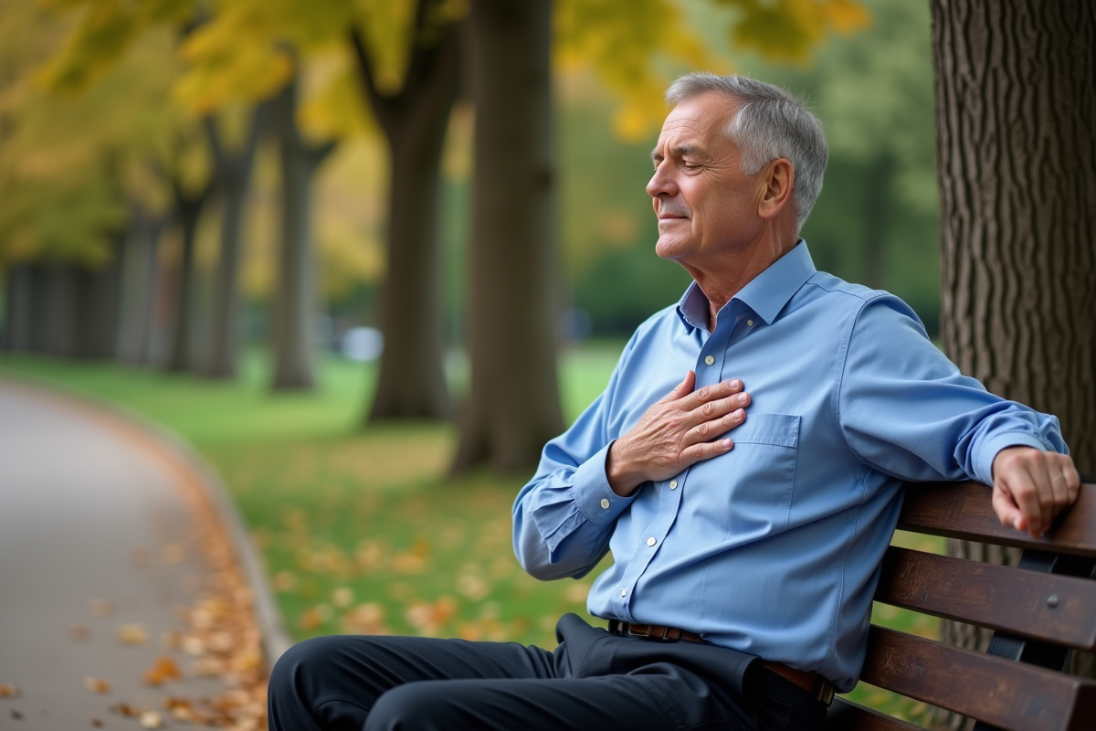 Homme en pleine conscience assis sur un banc dans un parc